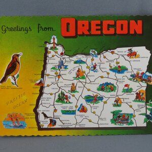 Vintage Postcard - Oregon State Cartoon Map Graphic - Dexter Press